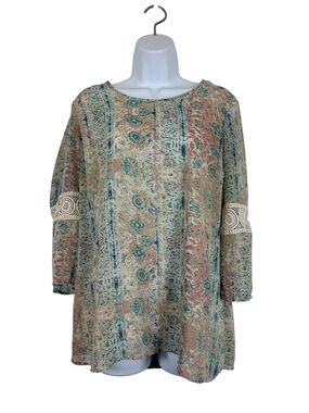 Krazy Kat Boho Tunic Top Women’s Medium Beige Floral Crochet Sleeve Blouse